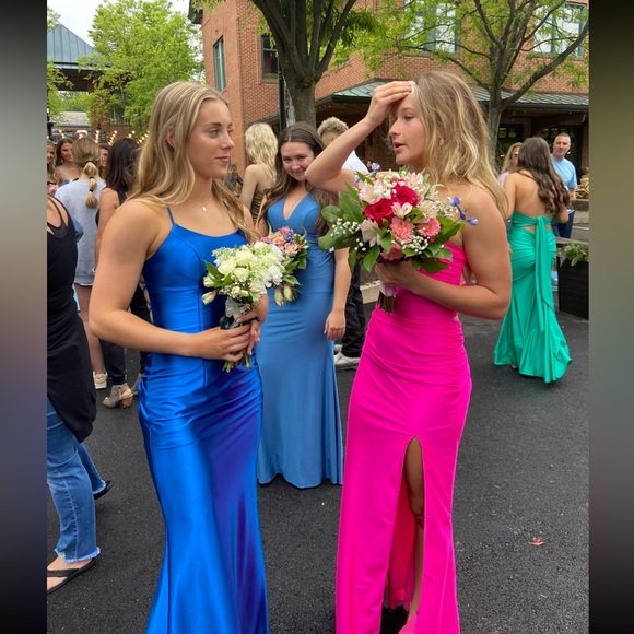 Faviana Cobalt Blue Satin Scoop Neck Dress With Lace Up Back | ES10890 - Picture 2 of 5